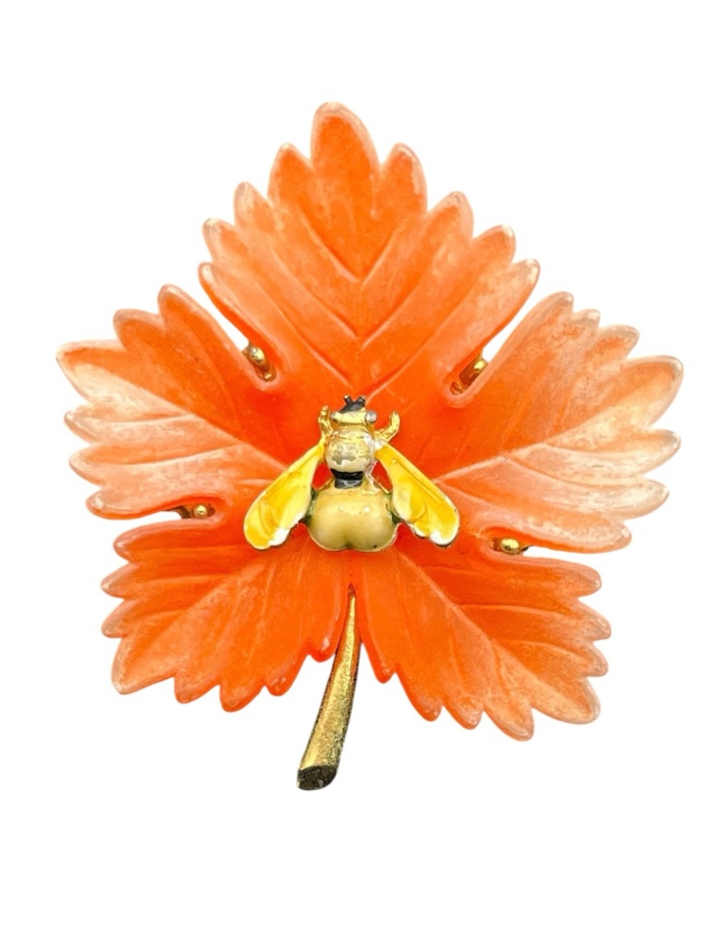 JJ Jonette bumble bee insect on leaf painted enamel gold tone orange brooch pin